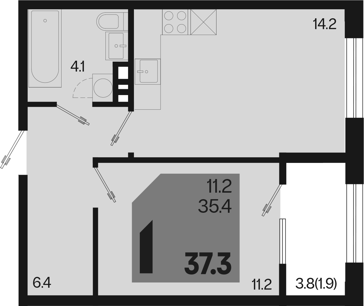 1-комн., 35.4 м², 6/9 этаж, ЖК «Первое место»