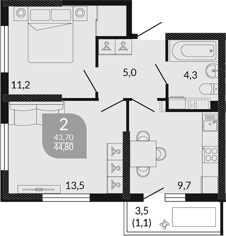 2-комн., 43.7 м², 1/23 этаж, ЖК «Облака»