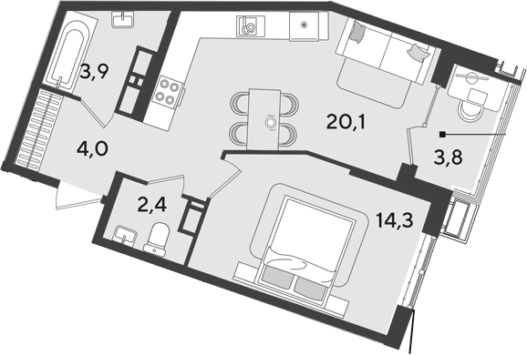 2-комн., 44.7 м², 18/18 этаж, ЖК «Парк Победы»