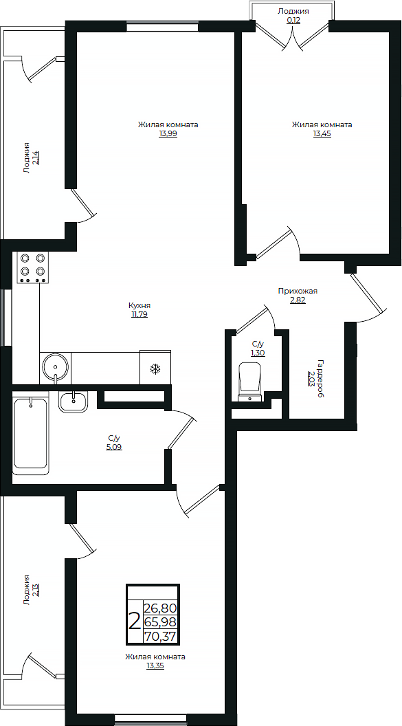 3-комн., 65.98 м², 6/10 этаж, ЖК «Европа-Сити»