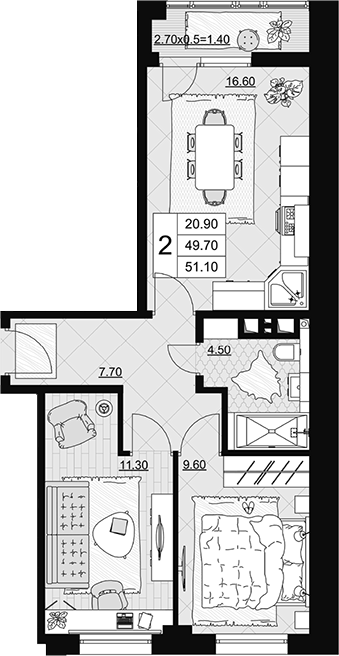 3-комн., 49.7 м², 9/9 этаж, ЖК «Песчаный»