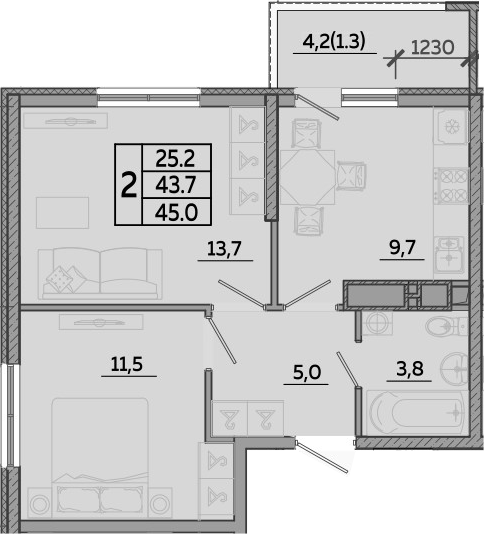 Продается 2-комн. квартира, 43.7 м²