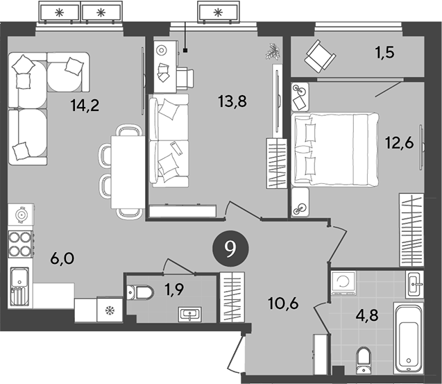 3-комн., 63.9 м², 9/9 этаж, ЖК «Порто-Ново»