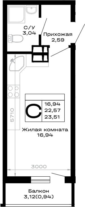 Студия, 22.57 м², 2/14 этаж, ЖК «Горные высоты»