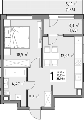 Продается 1-комн. квартира, 32.93 м²