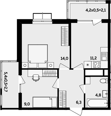 2-комн., 45.3 м², 14/16 этаж, ЖК «МегаСити»