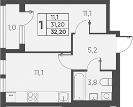 1-комн., 31.2 м², 2/15 этаж, ЖК «Барса»