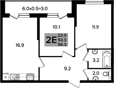 3-комн., 53.3 м², 2/16 этаж, ЖК «Сармат»