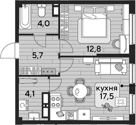 1-комн., 44.1 м², 17/19 этаж, ЖК «DОГМА ПАРК»