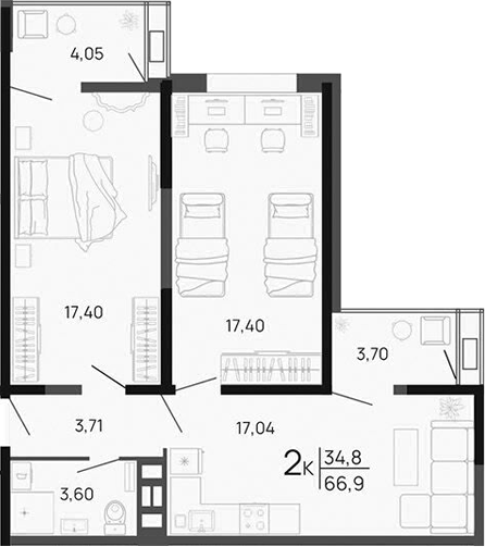2-комн., 57.95 м², 13/16 этаж, ЖК «Парковый»