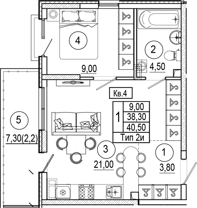 1-комн., 38.3 м², 1/7 этаж, ЖК «Аnapolis Residence»