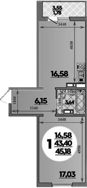 1-комн., 43.4 м², 9/9 этаж, ЖК «Южная долина»