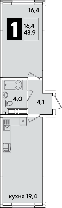 2-комн., 43.9 м², 11/16 этаж, ЖК «Самолет»