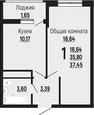 1-комн., 35.8 м², 23/24 этаж, ЖК «Славянка»