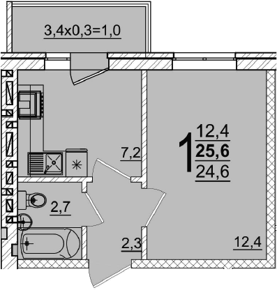 1-комн., 24.6 м², 4/5 этаж, ЖК «Дарград»