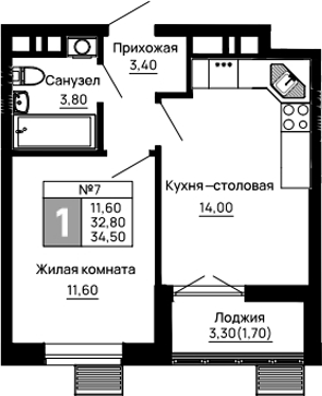 1-комн., 32.8 м², 6/16 этаж, ЖК «Традиции»