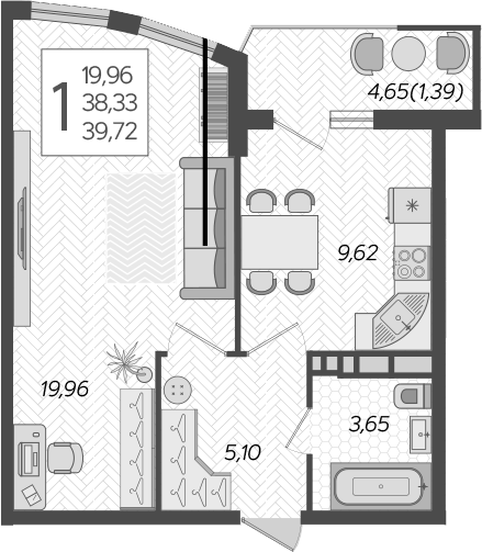 1-комн., 38.33 м², 19/21 этаж, ЖК «Режиссер»