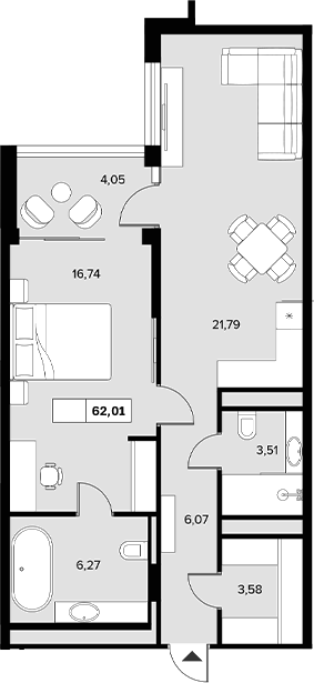1-комн., 57.96 м², 3/6 этаж, ЖК «Гостиничный комплекс Белые ночи»