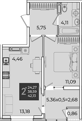 1-комн., 38.59 м², 12/18 этаж, ЖК «Образцово»