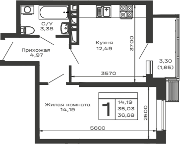 1-комн., 35.03 м², 10/16 этаж, ЖК «Долина»
