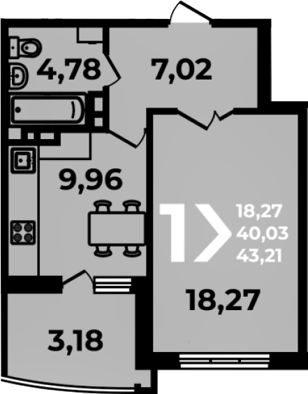 1-комн., 40.03 м², 15/19 этаж, ЖК «Аксиома»