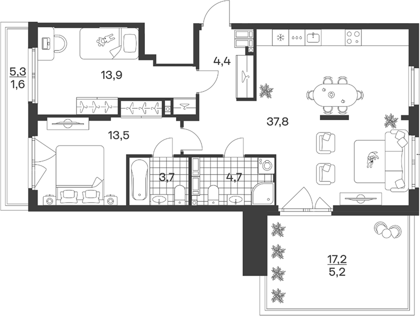 3-комн., 78 м², 9/9 этаж, ЖК «Символ. ГК Трест»