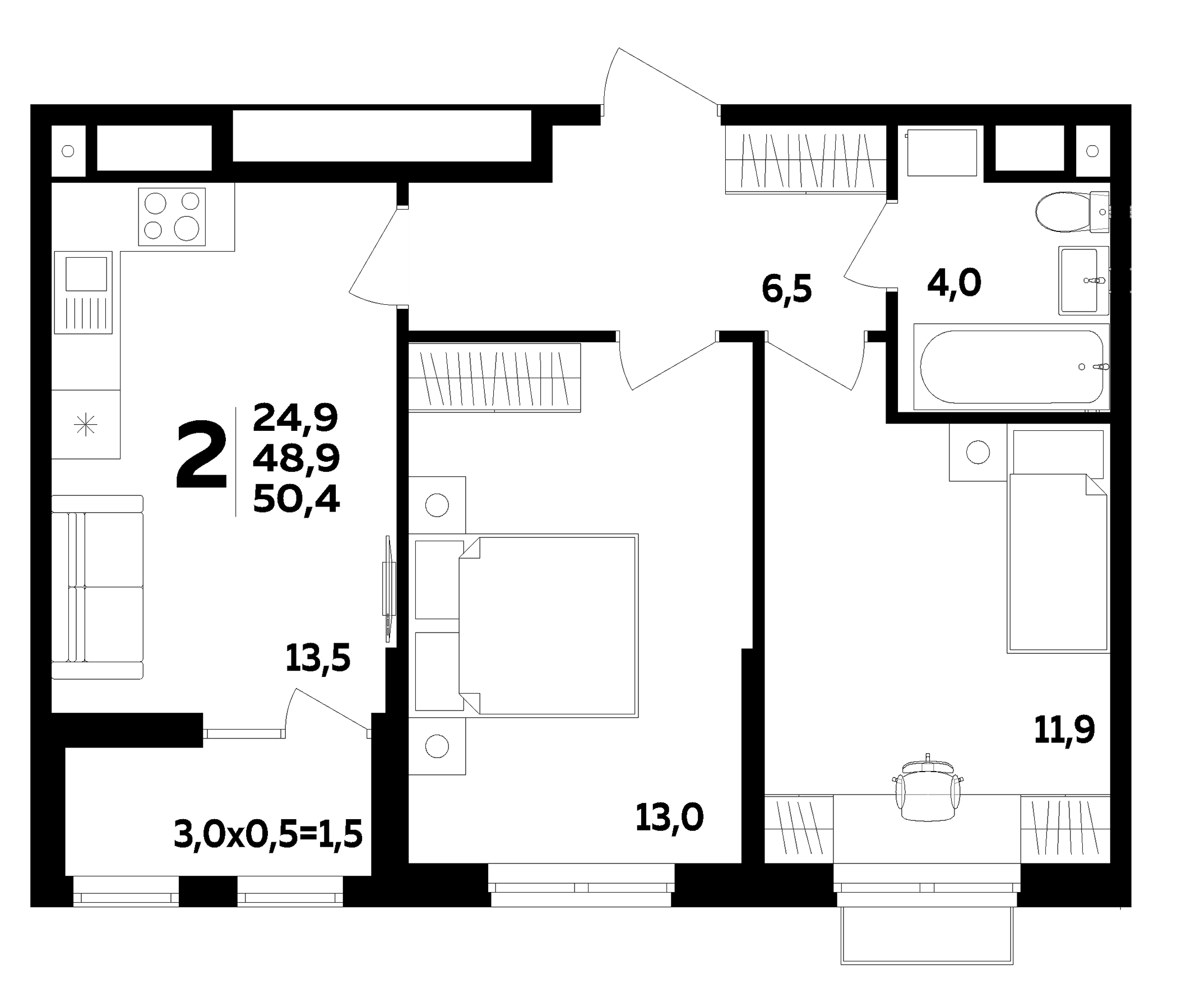 2-комн., 48.9 м², 6/16 этаж, ЖК «МегаСити»