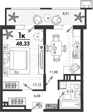 1-комн., 39.82 м², 7/9 этаж, ЖК «Родные Просторы»