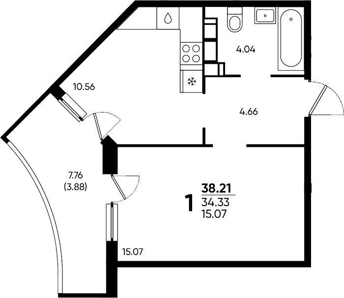 Продается 1-комн. квартира, 34.33 м²