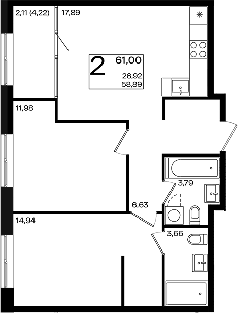 3-комн., 58.89 м², 3/9 этаж, ЖК «Патрики»