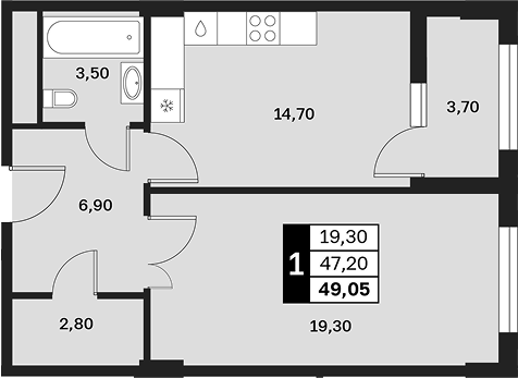 1-комн., 47.2 м², 3/15 этаж, ЖК «Аксис Патриот»