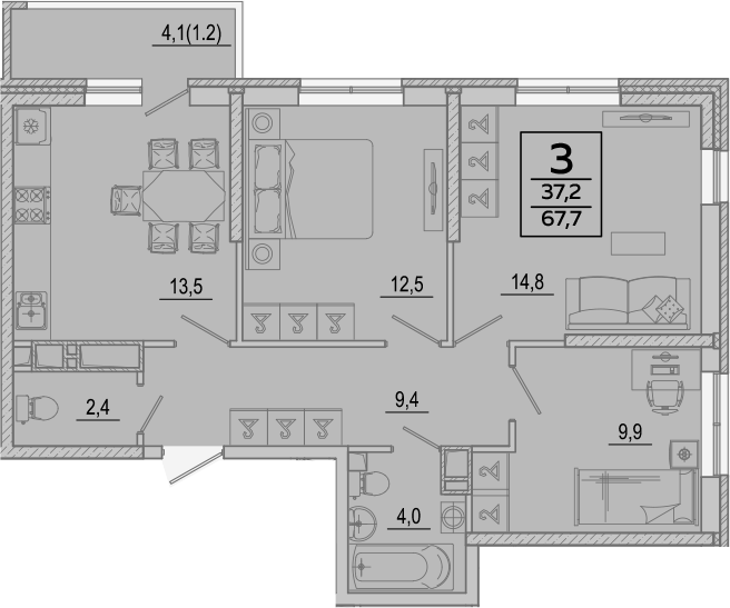 Продается 3-комн. квартира, 66.5 м²