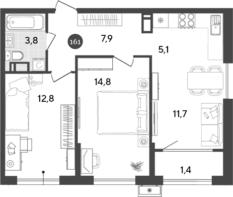 3-комн., 56.1 м², 11/18 этаж, ЖК «Порто-Ново»