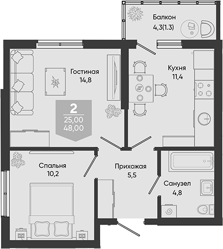 2-комн., 46.7 м², 1/24 этаж, ЖК «Облака»