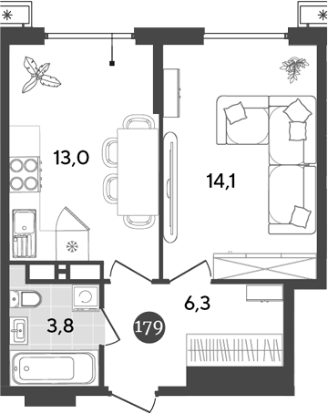 1-комн., 37.2 м², 14/18 этаж, ЖК «Порто-Ново»