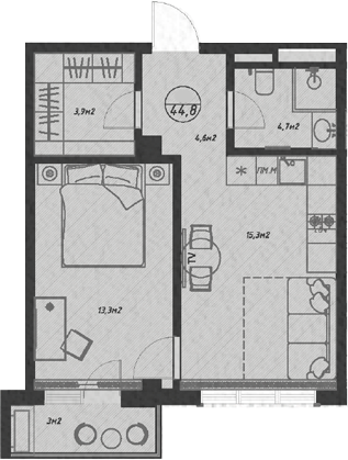 2-комн., 41.8 м², 2/7 этаж, ЖК «Оливия»