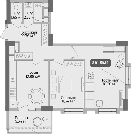 2-комн., 57.06 м², 2/17 этаж, ЖК «Золотой берег. СЗ Среда»
