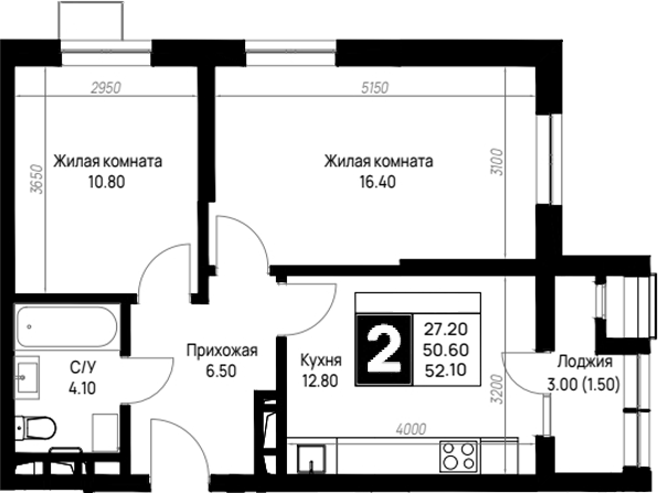 2-комн., 50.6 м², 4/12 этаж, ЖК «На высоком берегу»