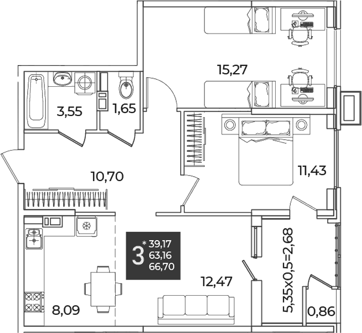 2-комн., 63.16 м², 5/18 этаж, ЖК «Образцово»