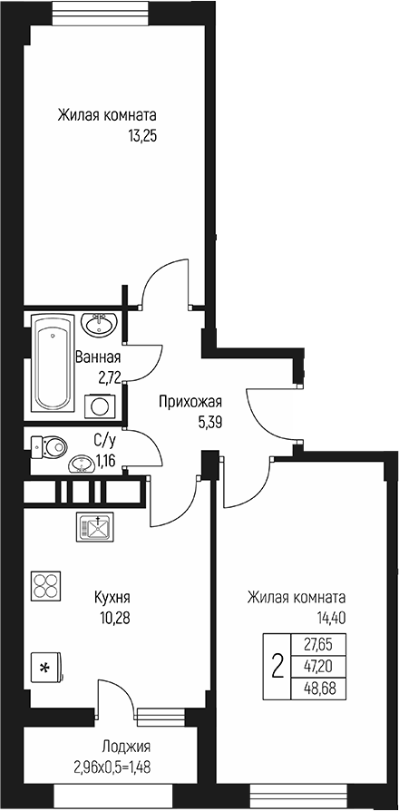 2-комн., 47.2 м², 8/10 этаж, ЖК «Ритм»