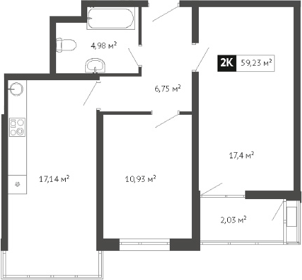 2-комн., 59.22 м², 16/16 этаж, ЖК «Парковый»