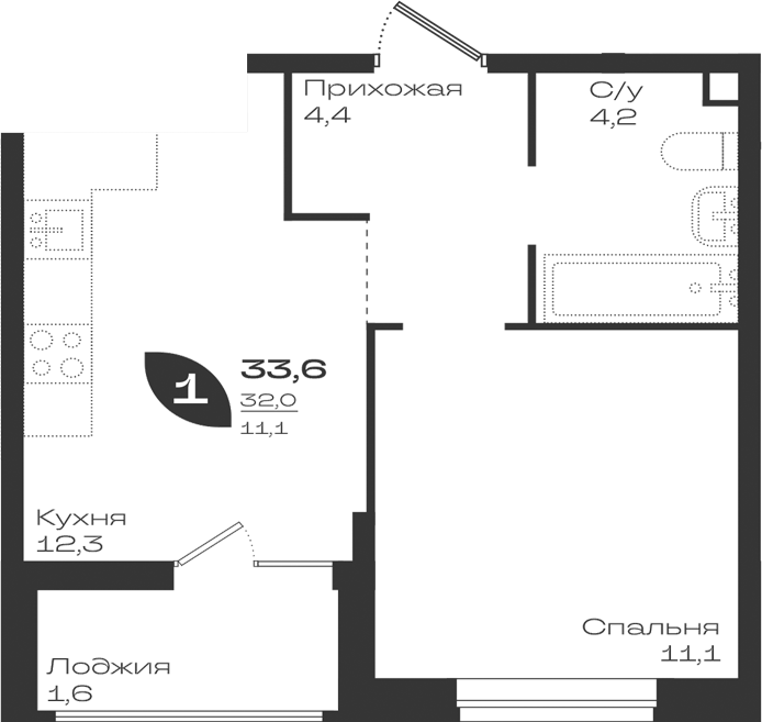 1-комн., 32 м², 2/9 этаж, ЖК «Ботаника»