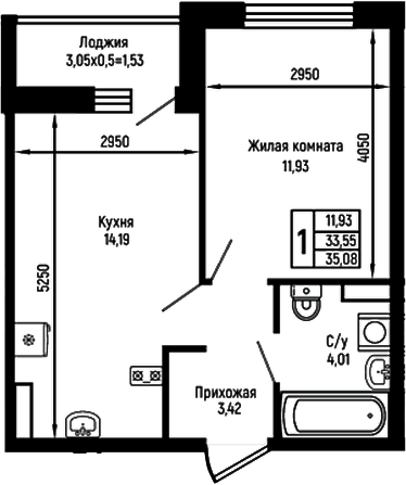 1-комн., 33.55 м², 3/9 этаж, ЖК «Ботаника Хиллс»