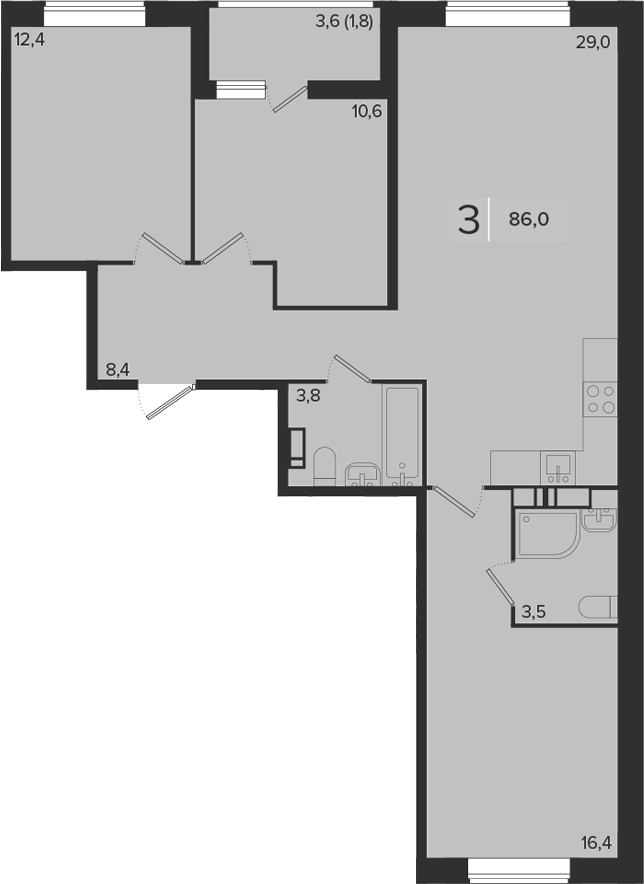 3-комн., 84.2 м², 18/18 этаж, ЖК «Эрмитаж»