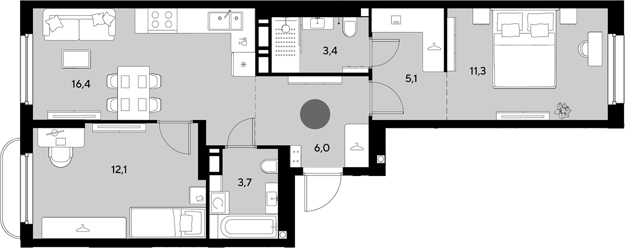 3-комн., 58 м², 4/9 этаж, ЖК «Грейд»