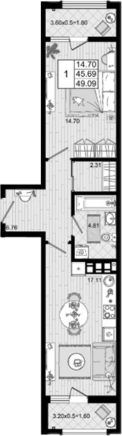 1-комн., 45.69 м², 5/8 этаж, ЖК «Резиденция морей»