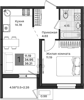 1-комн., 34.95 м², 7/8 этаж, ЖК «МОНО квартал»