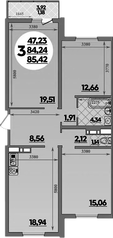 3-комн., 84.24 м², 4/9 этаж, ЖК «Предгорье Лаго-Наки»