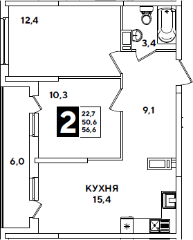 3-комн., 50.6 м², 14/16 этаж, ЖК «Самолет»