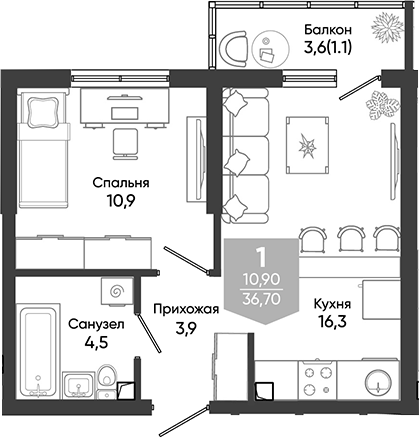 2-комн., 35.6 м², 1/24 этаж, ЖК «Облака»